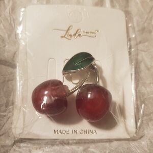 Linda's Red Cherry Brooch with Green Leaf Accent NWT